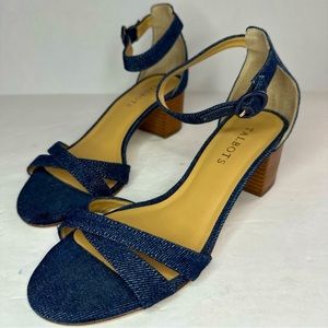 Talbots Blue Denim Leather Ankle Strap Open Toe Block Heel Sandals Sz 7M
